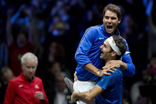 R-L Swiss tennis player ROGER FEDERER (TEAM EUROPE), Spanish tennis player RAFAEL NADAL (TEAM EUROPE) and captain JOHN MCENROE (TEAM WORLD) are seen during the first edition of the Laver Cup tennis tournament in Prague, Czech Republic, on September 24, 2017. (CTKxPhoto MichalxKamaryt) CTKPhotoP201709240694701  kmt 65