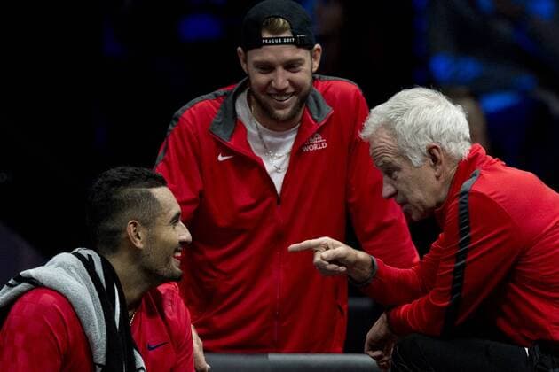 R-L US captain JOHN MCENROE, US Tennis player JACK SOCK and Australian tennis player NICK KYRGIOS (all Team World) are seen during the 7th match, singles, within the first edition of the Laver Cup tennis tournament in Prague, Czech Republic, on September 23, 2017. (CTKxPhoto CTKPhotoP201709230625501  kmt 53