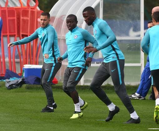 September 26, 2017 - London, United Kingdom - L-R Chelsea s Eden Hazard and Chelsea s N Golo Kante.during Chelsea Training session priory to they game against Atletico Madrid at Chelsea Training Ground on in Cobham, 26 Sept 2017 Chelsea Training Session  - ZUMAn230 20170926_zaa_n230_010 Copyright: xKieranxGalvinx
