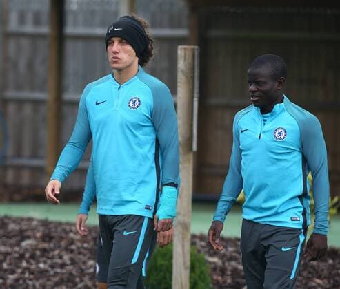 September 26, 2017 - London, United Kingdom - L-R Chelsea s David Luiz and Chelsea s N Golo Kante.during Chelsea Training session priory to they game against Atletico Madrid at Chelsea Training Ground on in Cobham, 26 Sept 2017 Chelsea Training Session  - ZUMAn230 20170926_zaa_n230_029 Copyright: xKieranxGalvinx