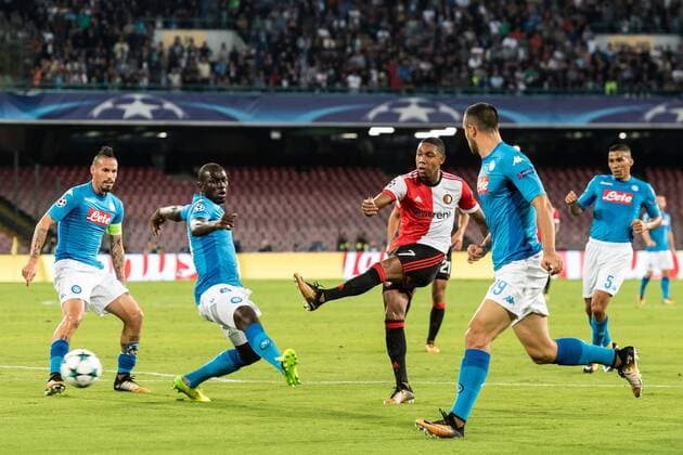 (L-R) Marek Hamsik of SSC Napoli, Kalidou Koulibaly of SSC Napoli, Jean-Paul Boetius of Feyenoord, Nikola Maksimovic of SSC Napoli, Allan Marques Loureiro of SSC Napoli during the UEFA Champions League group F match between SSC Napoli and Feyenoord Rotterdam on September 26, 2017 at the Stadio San Paolo in Naples, Italy UEFA Champions League 2017 2018 xVIxVIxImagesx xGerritxvanxKeulenxIVx 8862729