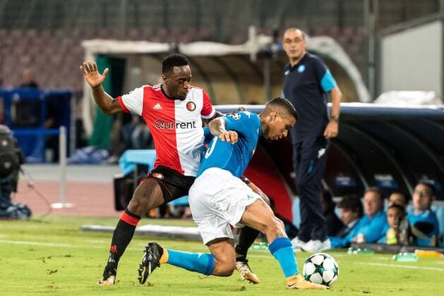 (L-R) Ridgeciano Haps of Feyenoord, Allan Marques Loureiro of SSC Napoli during the UEFA Champions League group F match between SSC Napoli and Feyenoord Rotterdam on September 26, 2017 at the Stadio San Paolo in Naples, Italy UEFA Champions League 2017 2018 xVIxVIxImagesx xGerritxvanxKeulenxIVx 8862993