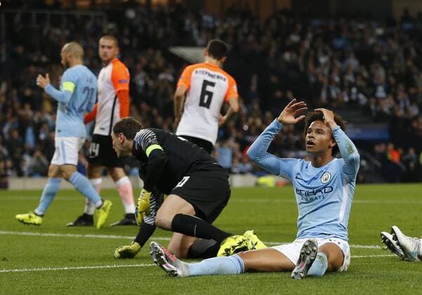 Leroy Sane of Manchester City reacts after his shot is saved by Andriy Pyatov of Shaktar Donetsk during the Champions League Group F match at the Emirates Stadium, Manchester. Picture date: September 26th 2017. Picture credit should read: Andrew Yates Sportimage EDITORIAL USE ONLY. No use with unauthorised audio, video, data, fixture lists, club league logos or live services. Online in-match use limited to 120 images, no video emulation. No use in betting, games or single club league player publications.