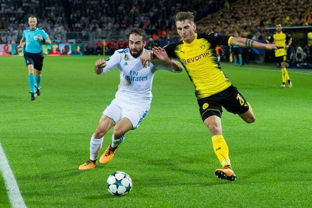 Dortmund, Deutschland 26.09.2017, UEFA Champions League - 2017 18 Season, Gruppenphase - Gruppe H - 2. Spieltag, BV Borussia Dortmund - Real Madrid, Daniel Carvajal (Real Madrid) und Maximilian Philipp (BVB)im zweikampf ( DeFodi001