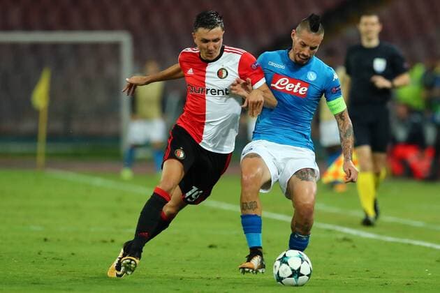 Steven Berghuis Feyenoord e Marek Hamsik Napoli Napoli 26-09-2017 Stadio San Paolo Football Calcio UEFA Champions League 2017 2018 Napoli - Feyenoord Group F Foto Cesare Purini Insidefoto cesarexpurini