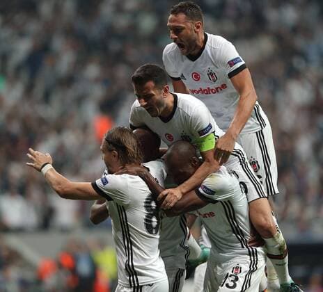 Besiktas players celebrates for Ryan Babel s goal during the UEFA Champions League Group G match between Besiktas and RB Leipzig at Vodafone Park in Istanbul , Turkey on September 26 , 2017 . 
