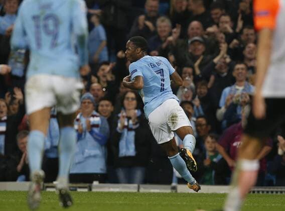 Raheem Sterling of Manchester City celebrates scoring the second goal during the Champions League Group F match at the Emirates Stadium, Manchester. Picture date: September 26th 2017. Picture credit should read: Andrew Yates Sportimage EDITORIAL USE ONLY. No use with unauthorised audio, video, data, fixture lists, club league logos or live services. Online in-match use limited to 120 images, no video emulation. No use in betting, games or single club league player publications.