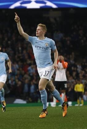 26th September 2017, Etihad Stadium, Manchester, England; UEFA Champions League football, Manchester City versus Shakhtar Donetsk; Kevin De Bruyne of Manchester City celebrates after scoring his team s first goal after 48 minutes  ActionPlus11934286