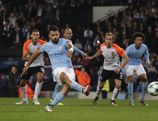 26th September 2017, Etihad Stadium, Manchester, England; UEFA Champions League football, Manchester City versus Shakhtar Donetsk; Sergio Aguero of Manchester City misses a penalty on the hour and a chance to put his side 2-0 up  ActionPlus11934291