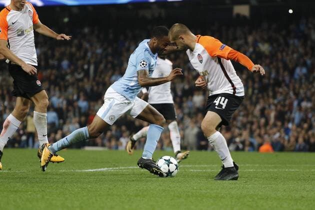 26th September 2017, Etihad Stadium, Manchester, England; UEFA Champions League football, Manchester City versus Shakhtar Donetsk; Raheem Sterling of Manchester City drives into the FC Shakhtar Donetsk penalty area after coming on as substitute  ActionPlus11934295