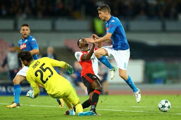 September 26, 2017 - Naples, Campania, Italy - Jeremiah St Juste of Feyenoord tackling on Jorginho of Napoli during the UEFA Champions League group F match between SSC Napoli and Feyenoord at Stadio San Paolo on September 26, 2017 in Naples, Italy. SSC Napoli v Feyenoord - UEFA Champions League  - ZUMAn230 20170926_zaa_n230_306 Copyright: xMatteoxCiambellix