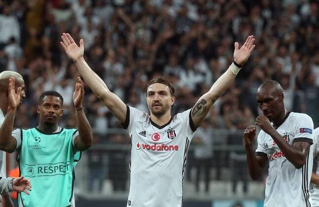 Caner Erkin of Besiktas celebrates victory during Besiktas vs. Leipzig UEFA Champions League game at Vodafone Park, Istanbul, September 26th, 2017.  Copyright: TolgaxAdanali 15811472