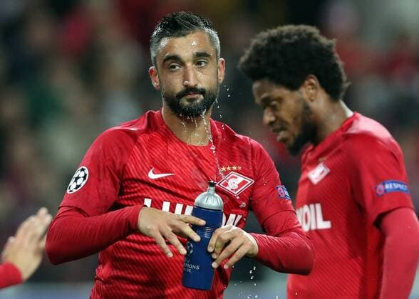 MOSCOW, RUSSIA - SEPTEMBER 26, 2017: Spartak Moscow s Alexander Samedov (L) in the 2017 18 UEFA Champions League Group E Round 2 football match against Liverpool at Otkrytie Arena Stadium. The game ended in a 1-1 draw. Artyom Korotayev TASS  TS06203C