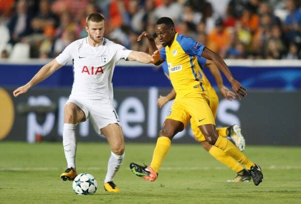 (170927) -- ISTANBUL, NICOSIA. 27, 2017 -- Tottenham Hotspur s Eric Dier (L) vies for the ball during the Champions League Group H game between Apoel Nicosia and Tottenham Hotspur at GSP Stadium in Nicosia, Cyprus, Sept. 26, 2017. Tottenham won the match 3-0.) (SP)CYPRUS-NICOSIA-SOCCER-UEFA CHAMPIONS LEAGUE SakisxSavvides 