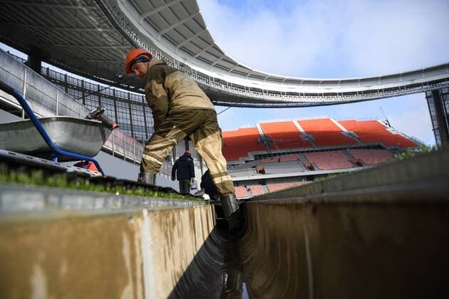 YEKATERINBURG, RUSSIA - SEPTEMBER 27, 2017: Workers at Central Stadium that is to be renamed Yekaterinburg Arena Stadium for the 2018 FIFA World Cup WM Weltmeisterschaft Fussball Donat Sorokin TASS  TS06212A
