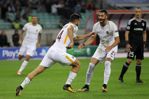 Esultanza gol Kostas Manolas Roma Goal celebration with Maxime Gonalons Baku 27-09-2017 Football Champions League 2017 2018 Group C Qarabag - AS Roma Foto Gino Mancini Insidefoto ginoxmancini
