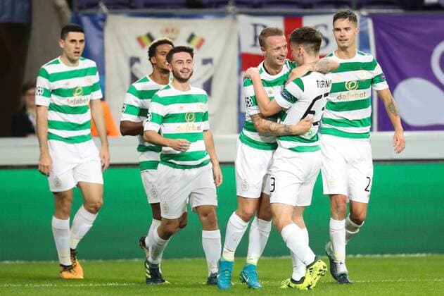 Celtic s Leigh Griffiths (C) celebrates with teammates after scoring during the second game in the group stage (Group B) of the UEFA Champions League competition between Belgian soccer team RSC Anderlecht and Scottish Celtic FC, Wednesday 27 September 2017 in Brussels. VIRGINIExLEFOUR  x05173779x