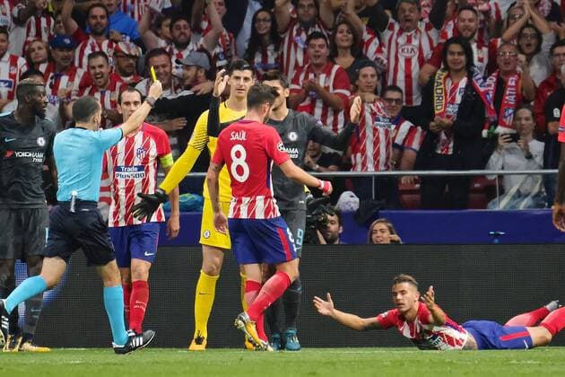 Atletico Madrid v Chelsea UEFA Champions League Lucas of Atletico Madrid (on floor) is fouled by David Luiz of Chelsea to win the penalty from which Antoine Griezmann scores to make it Atletico Madrid 1 Chelsea 0 during the UEFA Champions League match at the Wanda Metropolitano Stadium, Madrid Content Not Available For UK Newspapers Copyright: xKristianxKanex FIL-10727-0036