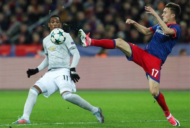 MOSCOW, RUSSIA - SEPTEMBER 27, 2017: Manchester United ManU s Anthony Martial (L) and CSKA Moscow s Alexander Golovin in their 2017 2018 UEFA Champions League Group A football match at CSKA Stadium. Sergei Savostyanov TASS  TS0622BA