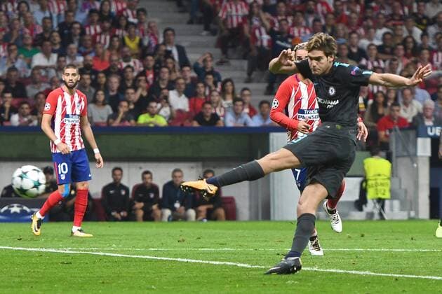 Atletico Madrid v Chelsea UEFA Champions League Marcos Alonso of Chelsea shoots at goal during the UEFA Champions League match at the Wanda Metropolitano Stadium, Madrid Content Not Available For UK Newspapers Copyright: xKristianxKanex FIL-10727-0050