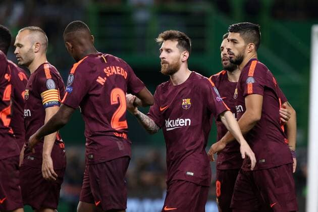September 27, 2017 - Lisbon, Portugal - Barcelona s Uruguayan forward Luis Suarez celebrates with teammates after scoring during the UEFA Champions League football match Sporting vs Barcelona at the Alvalade stadium in Lisbon, Portugal on September 27, 2017. Photo: Sporting v Barcelona - UEFA Champions League  - ZUMAn230 20170927_zaa_n230_358 Copyright: xPedroxFiuzax