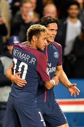 (170928) -- PARIS, Sept. 28, 2017 -- Neymar (L) and Edinson Cavani from Paris Saint-Germain celebrate during the match against Bayern Munich of Group B of the 2017-18 season Champions League at Parc des Princes in Paris, France on Sept. 27, 2017. Paris Saint-Germain won by 3-0 at home. ) (SP)FRANCE-PARIS-FOOTBALL-CHAMPIONS LEAGUE-PARIS SAINT-GERMAIN VS BAYERN MUNICH ChenxYichen 