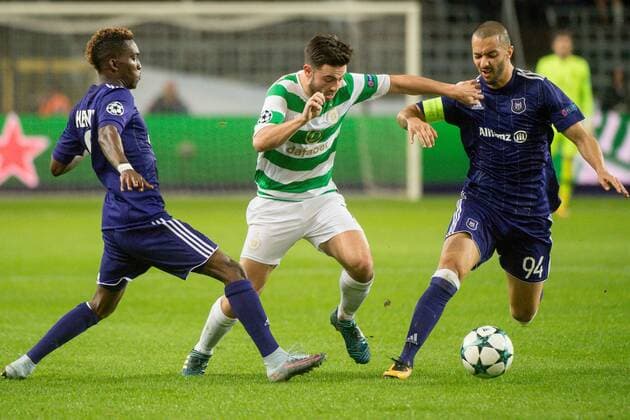 Belgium , Brussels , Sep 27 , 2017 - Second game in the group stage ( Group B ) of the UEFA Champions League competition between Belgian soccer team RSC Anderlecht and Scottish Celtic FC - Henry ONYEKURU , Patrick ROBERTS & Sofiane HANNI Copyright Danny Gys Reporters xxGYS 