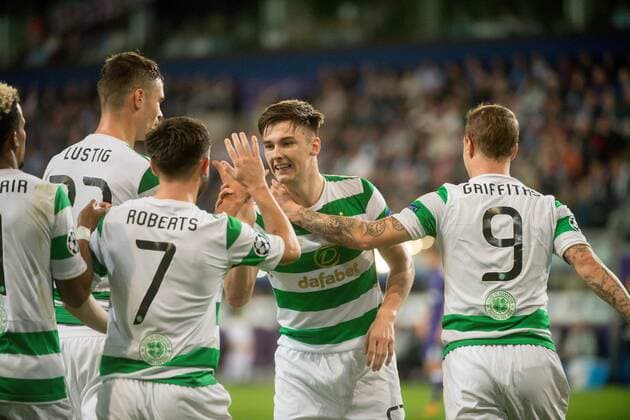 Belgium , Brussels , Sep 27 , 2017 - Second game in the group stage ( Group B ) of the UEFA Champions League competition between Belgian soccer team RSC Anderlecht and Scottish Celtic FC - Scott SINCLAIR , Mikael LUSTIG , Patrick ROBERTS , Kieran TIERNEY & Leigh GRIFFITHS Copyright Danny Gys Reporters xxGYS 