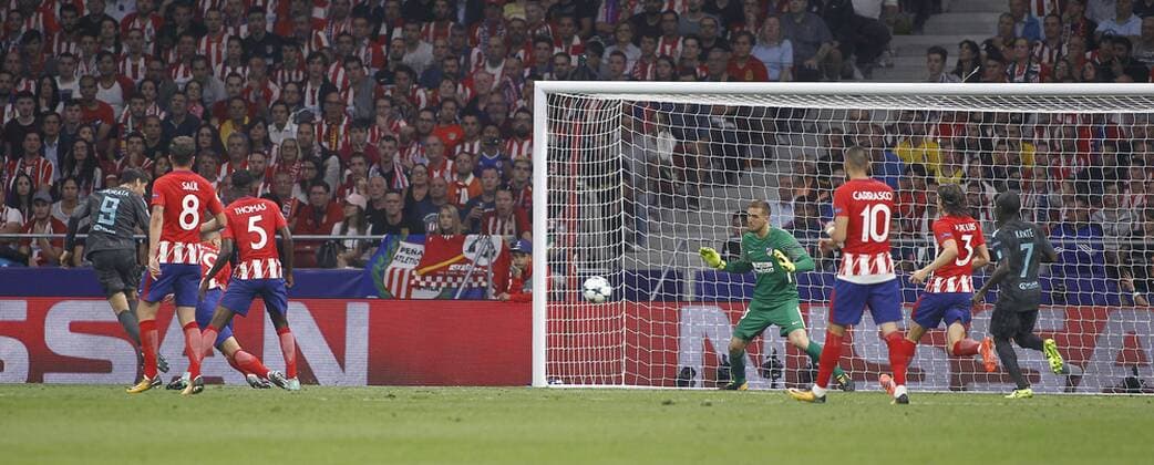 Partido de Liga de Campeones entre el Atletico y el Chelsea en el Wanda Metropolitano. En la imagen, Morata logra su gol. Champions League match between Atletico and Chelsea. In this picture, Morata scores his goal. 