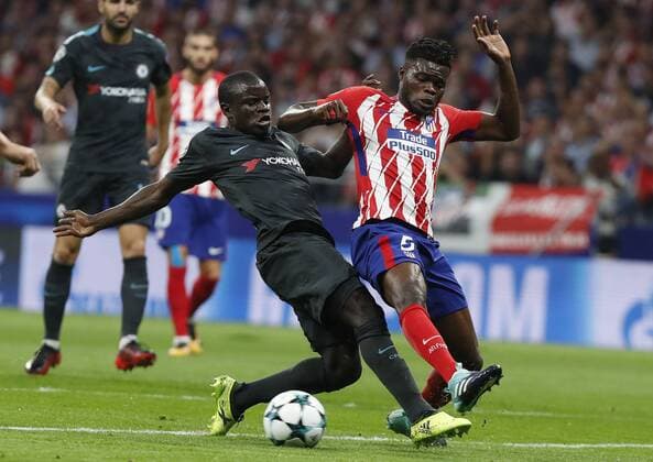 Partido de Liga de Campeones entre el Atletico y el Chelsea en el Wanda Metropolitano. En la imagen, Thomas y Bakayoko. Champions League match betwee Atletico and Chelsea. In this picture, Thomas and Bakayoko. 