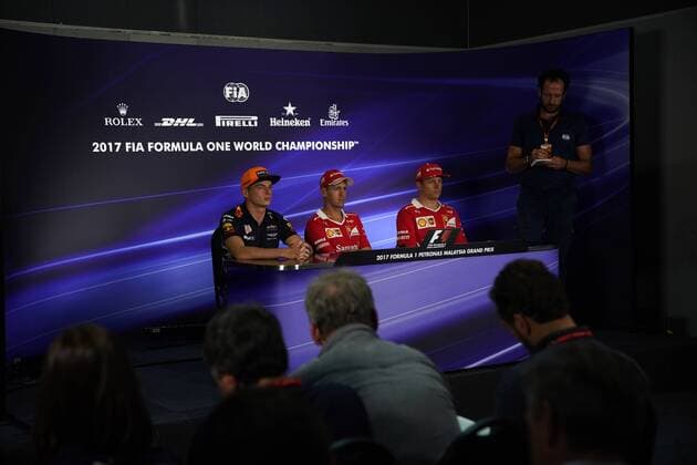 28.09.2017 - press conference PK Pressekonferenz Max Verstappen (NED) Red Bull Racing RB13, Sebastian Vettel (GER) Scuderia Ferrari SF70H and Kimi Raikkonen (FIN) Scuderia Ferrari SF70H Malaysian Grand Prix, Sepang 28 September - 1 October 2017 28.09.2017 - Press conference, Max Verstappen (NED) Red Bull Racing RB13, Sebastian Vettel (GER) Scuderia Ferrari SF70H and Kimi Raikkonen (FIN) Scuderia Ferrari SF70H 