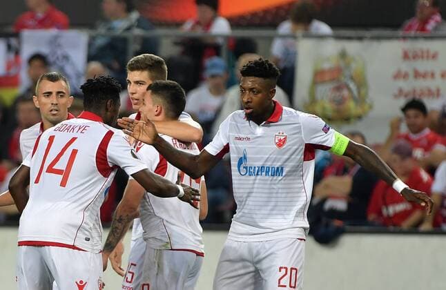 28.09.2017, xjpx, Fussball Europa League, 1.FC Koeln - Roter Stern Belgrad, emspor v.l. Torjubel nach dem Treffer zum 0:1 durch Richmond Boakey (Belgrad) Koeln