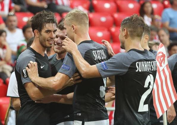 Zorya s players jubilate the first goal of the Europa League against Athletic Club, during the UEFA Europa League Group J second round match at the San Mames stadium in Bilbao, Basque Country, Spain, 28 September 2017. Athletic Bilbao vs. FC Zorya !ACHTUNG: NUR REDAKTIONELLE NUTZUNG!  Copyright: xLUISxTEJIDOx BIL002 20170928-636422278438097125