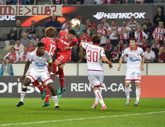 28.09.2017, xjpx, Fussball Europa League, 1.FC Koeln - Roter Stern Belgrad, emspor v.l. Leonardo Bittencourt (Koeln) mit dem Kopfball Koeln
