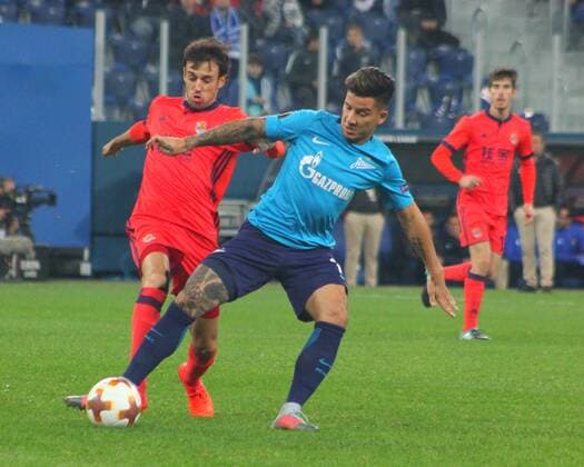 Of The Russian Federation. Saint-Petersburg. Zenit-arena. Arena Saint-Petersburg. Match Of The UEFA Europa League. Zenit beat real Sociedad with the score 3:1 in the match of UEFA Europa League. Player Sebastian Driussi MaksimxKonstantinov 