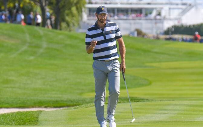 Thursday September 28, 2017: Dustin Johnson of the United States reacts after making a putt on the 3rd hole during the opening round of the Presidents Cup at Liberty National Golf Course in Jersey City, New Jersey. CSM PGA Golf Herren 2017: Presidents Cup SEPT 28 - ZUMAc04_ 20170928_zaf_c04_002 Copyright: xGregoryxVasilx