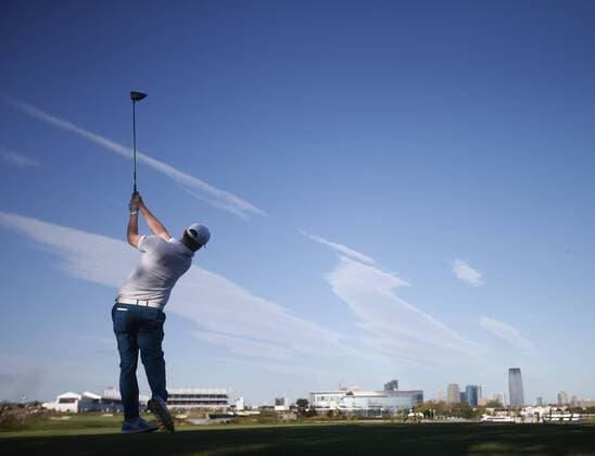 Branden Grace of the International team hits a tee shot on the 14th hole on day one of the Presidents Cup on September 28, 2017 at Liberty National Golf Club in Jersey City, New Jersey.  NYP20170928512 RICHxSCHULTZ