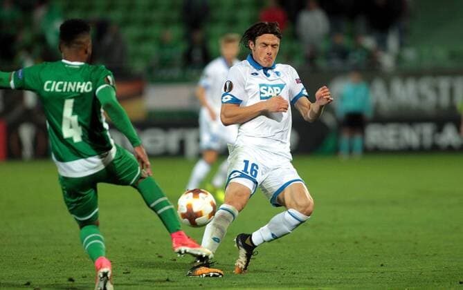 28.09.2017 Razgrad(Bulgaria) PFC Ludogorets-TSG 1899 Hoffenheim Europa League men s football Nico Schulz (r) TSG 1899 Hoffenheim : 
