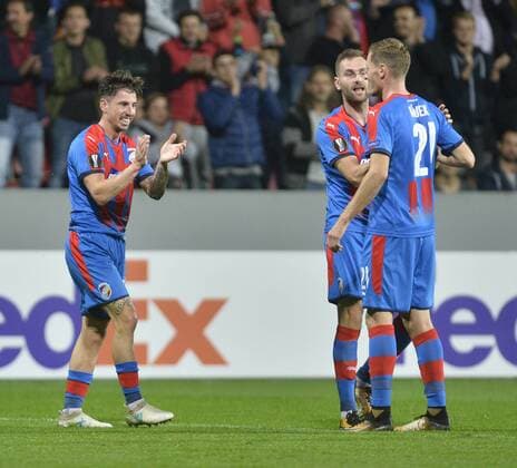 L-R MILAN PETRZELA, RADIM REZNIK and TOMAS HAJEK (all Plzen) celebrate during the 2nd round group G European League soccer match Viktoria Plzen vs Hapoel Beer Sheva in Pilsen, Czech Republic, on September 28, 2017. (CTKxPhoto MiroslavxChaloupka) CTKPhotoP201709280887801  cha03