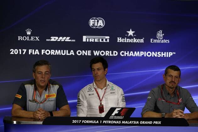 29.09.2017 - press conference PK Pressekonferenz Mario Isola (ITA), Pirelli Racing Manager, Toto Wolff (GER) Mercedes AMG F1 Shareholder and Executive Director and Guenther Steiner (ITA) Haas F1 Team Prinicipal Malaysian Grand Prix, Sepang 28 September - 1 October 2017 29.09.2017 - Press conference, Mario Isola (ITA), Pirelli Racing Manager, Toto Wolff (GER) Mercedes AMG F1 Shareholder and Executive Director and Guenther Steiner (ITA) Haas F1 Team Prinicipal 
