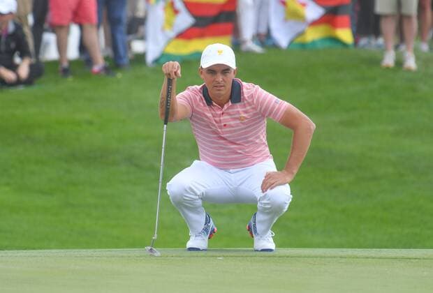 Friday September 29, 2017: Rickie Fowler of the United States looks over a putt on the 3rd hole during the second round of the Presidents Cup at Liberty National Golf Course in Jersey City, New Jersey. CSM PGA Golf Herren 2017: Presidents Cup SEPT 29 - ZUMAc04_ 20170929_zaf_c04_034 Copyright: xGregoryxVasilx