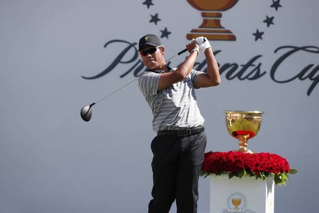 JERSEY CITY, NJ - SEPTEMBER 29: International golfer Hideki Matsuyam tees off on the first hole during the second round of the Presidents Cup at Liberty National Golf Club on September 29, 2017 in Jersey City, New Jersey. (Photo by Brian Spurlock Icon Sportswire) GOLF: SEP 29 PGA Golf Herren - The Presidents Cup - Second Round Icon170929107 EDITORIAL USE ONLY