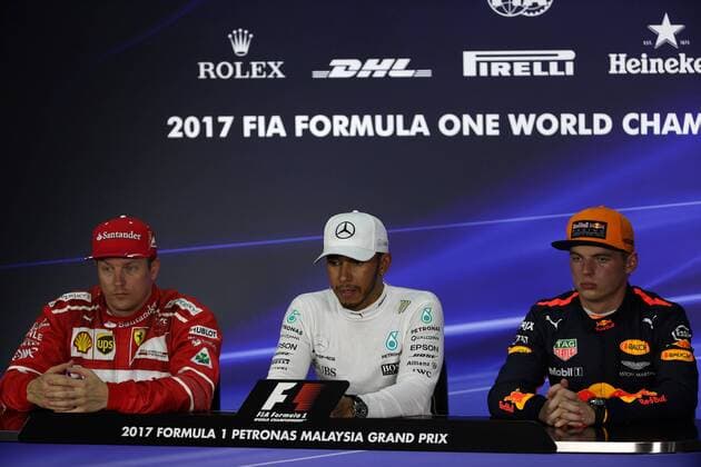 30.09.2017 - Qualifying, press conference PK Pressekonferenz Kimi Raikkonen (FIN) Scuderia Ferrari SF70H, Lewis Hamilton (GBR) Mercedes AMG F1 W08 and Max Verstappen (NED) Red Bull Racing RB13 Malaysian Grand Prix, Sepang 28 September - 1 October 2017 30.09.2017 - Qualifying, Press conference, Kimi Raikkonen (FIN) Scuderia Ferrari SF70H, Lewis Hamilton (GBR) Mercedes AMG F1 W08 and Max Verstappen (NED) Red Bull Racing RB13 