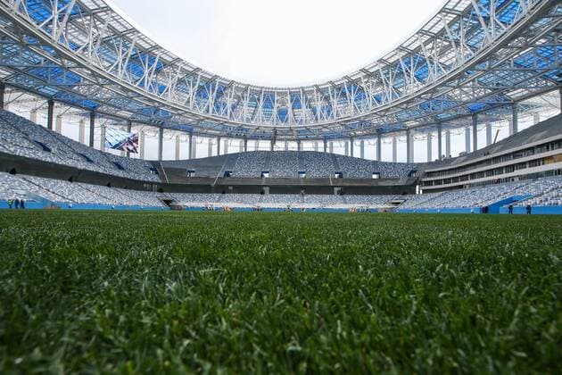 NIZHNY NOVGOROD, RUSSIA - SEPTEMBER 30, 2017: The construction site of Nizhny Novgorod Stadium, one of the venues of the upcoming 2018 FIFA World Cup WM Weltmeisterschaft Fussball Alexander Ryumin TASS  TS062804