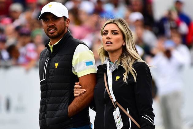 September 30, 2017 - Jersey City, New Jersey, U.S - Jason Day of the International Team and wife Ellie Day on the 16th fairway during Saturday matches of the Presidents Cup at Liberty National Golf Club in Jersey City, NJ GOLF 2017 - Presidents Cup - ZUMAc119 20170930_zaf_c119_013 Copyright: xBrianxCianciox