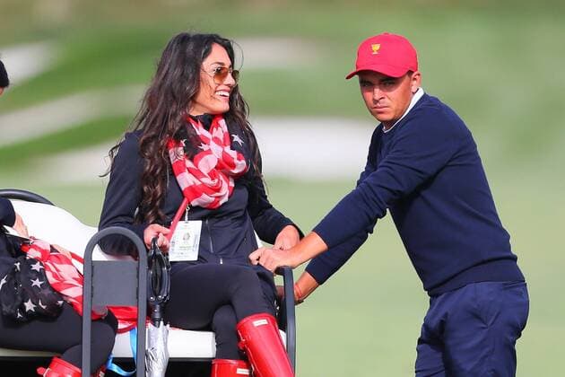 JERSEY CITY, NJ - SEPTEMBER 30: Rickie Fowler of the United States and girlfriend Allison Stokke during Saturday foursome matches of the Presidents Cup at Liberty National Golf Club on September 30, 2017 in Jersey City, New Jersey. (Photo by Rich Graessle Icon Sportswire) GOLF: SEP 30 PGA Golf Herren - The Presidents Cup - Third Round Icon09301707233 EDITORIAL USE ONLY