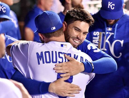 September 30, 2017 - Kansas City, MO, USA - The Kansas City Royals Eric Hosmer and Mike Moustakas (8) hug in the dugout after Moustakas came out of the game in the sixth inning against the Arizona Diamondbacks at Kauffman Stadium in Kansas City, Mo., on Saturday, Sept., 30, 2017. Arizona at Kansas City - ZUMAm67_ 20170930_zaf_m67_140 Copyright: xJohnxSleezerx