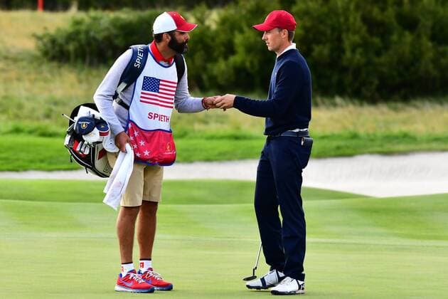 September 30, 2017 - Jersey City, New Jersey, U.S - PGA Golf Herren Tour caddy Michael Greller and Jordan Spieth of the US Team during Saturday matches of the Presidents Cup at Liberty National Golf Club in Jersey City, NJ GOLF 2017 - Presidents Cup - ZUMAc119 20170930_zaf_c119_036 Copyright: xBrianxCianciox