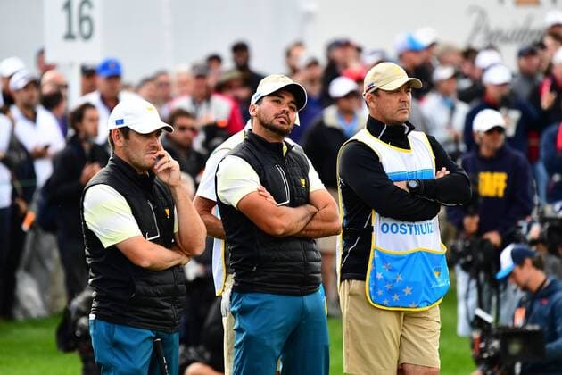 September 30, 2017 - Jersey City, New Jersey, U.S - Louis Oosthuizen of the International Team and Jason Day of the International Team during Saturday matches of the Presidents Cup at Liberty National Golf Club in Jersey City, NJ GOLF 2017 - Presidents Cup - ZUMAc119 20170930_zaf_c119_037 Copyright: xBrianxCianciox