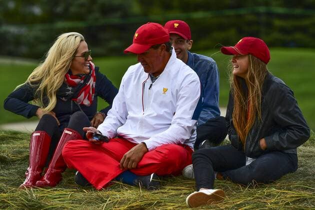 September 30, 2017 - Jersey City, New Jersey, U.S - Phil Mickelson of the US Team with family during Saturday matches of the Presidents Cup at Liberty National Golf Club in Jersey City, NJ GOLF 2017 - Presidents Cup - ZUMAc119 20170930_zaf_c119_044 Copyright: xBrianxCianciox
